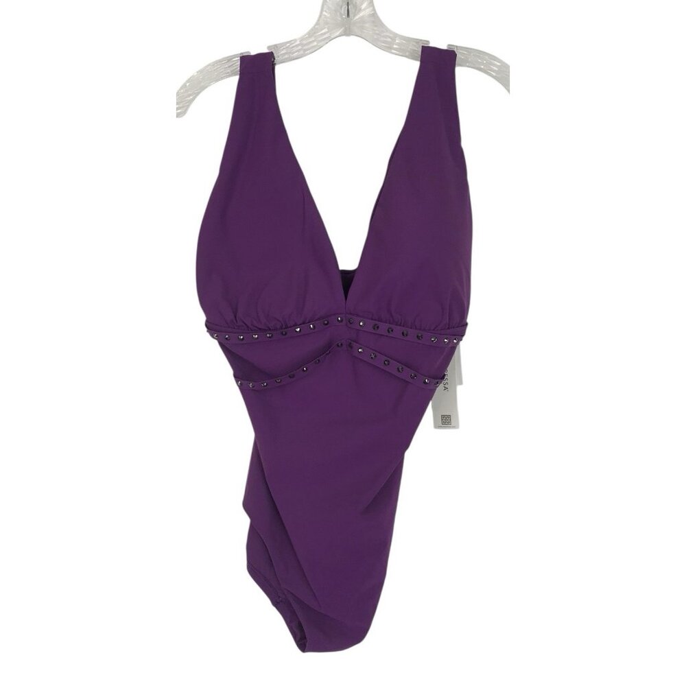 Amoressa Swimsuit Womens Size 12 Purple One Piece‎ Studded Bathing Suit
